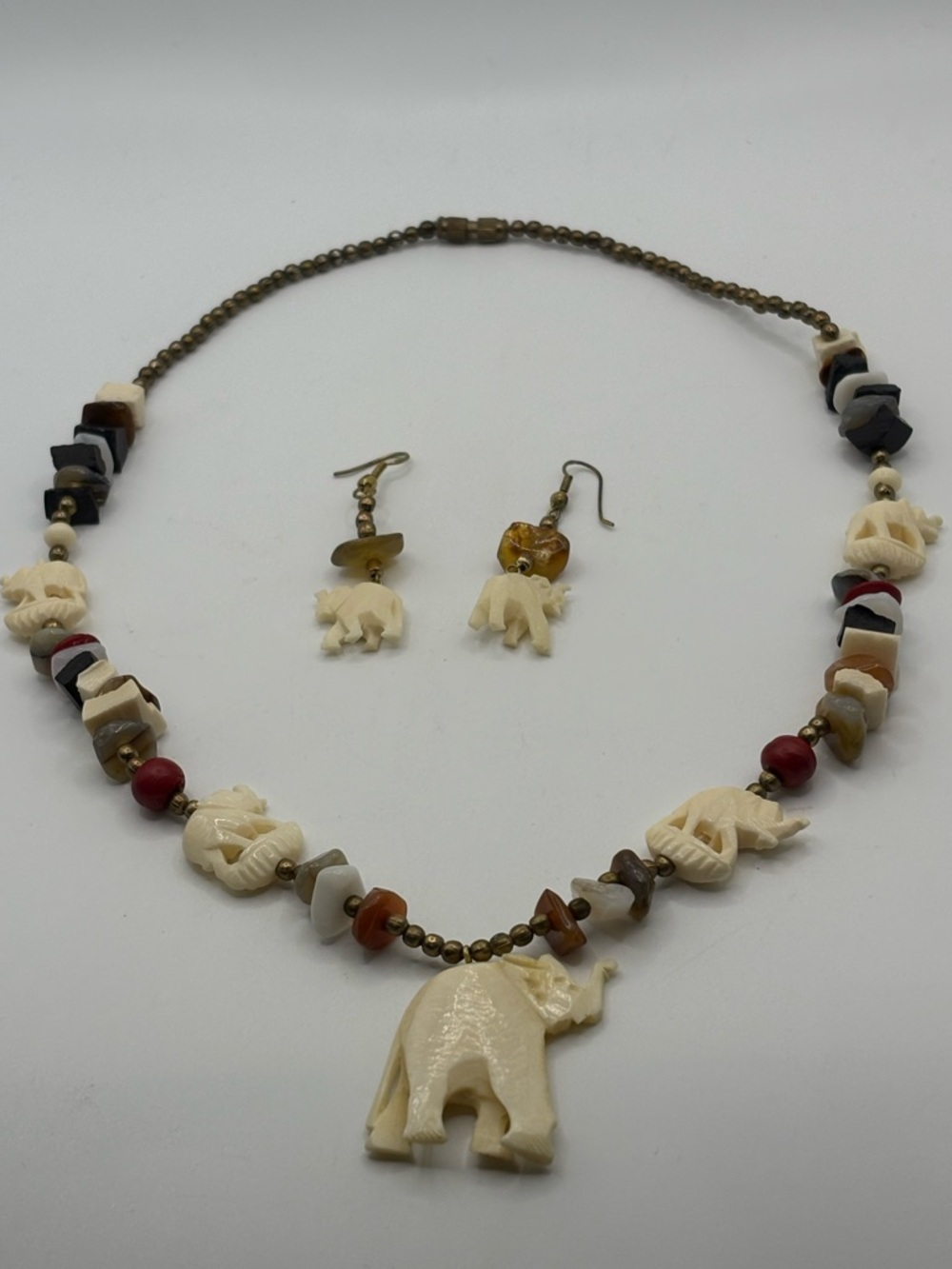 Elephant Carved Bead Necklace and Earring Set - Ivory Multi-Color